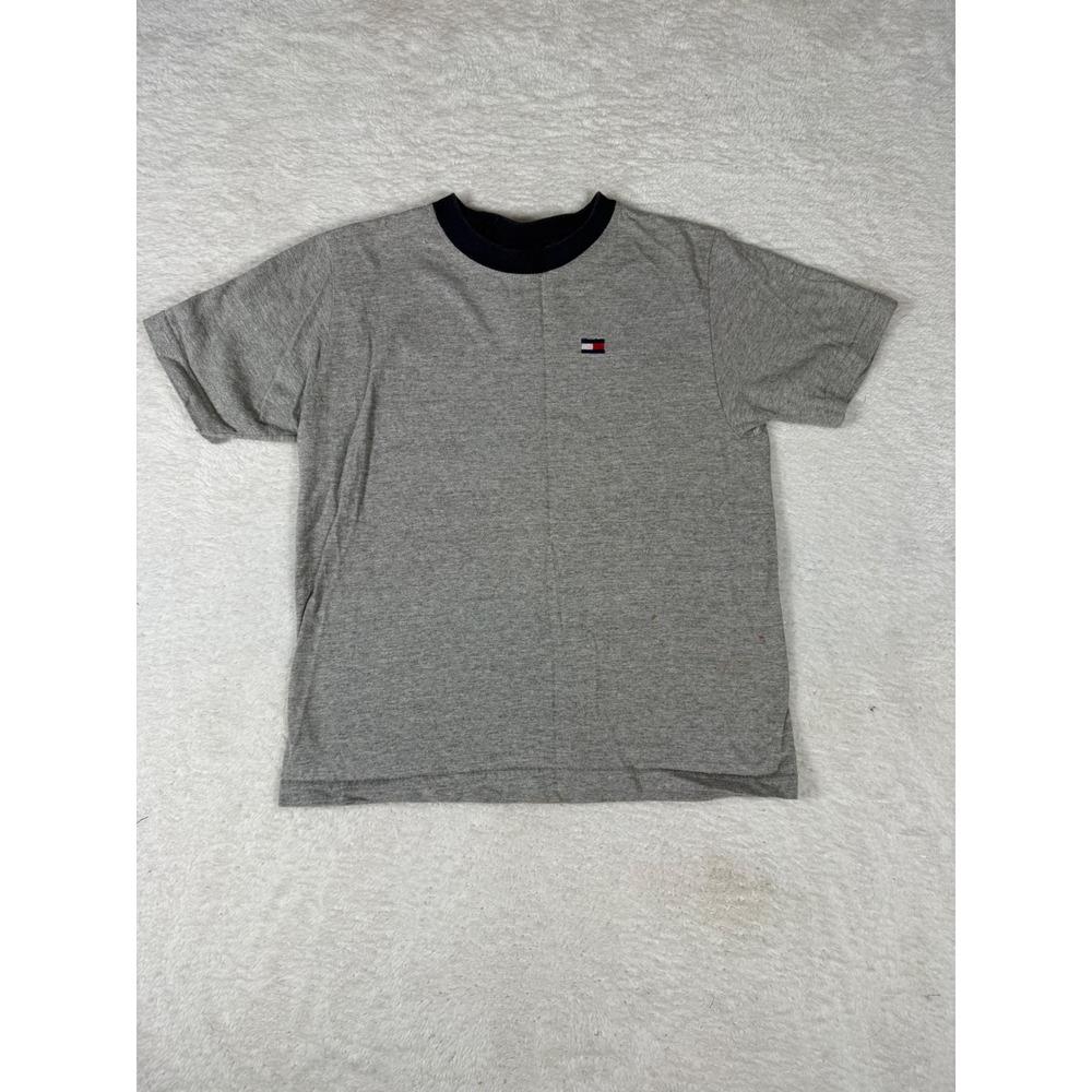 Tommy Hilfiger T-Shirt Kids Size 7 Gray Ringer Neck Flag Logo Short Sleeve